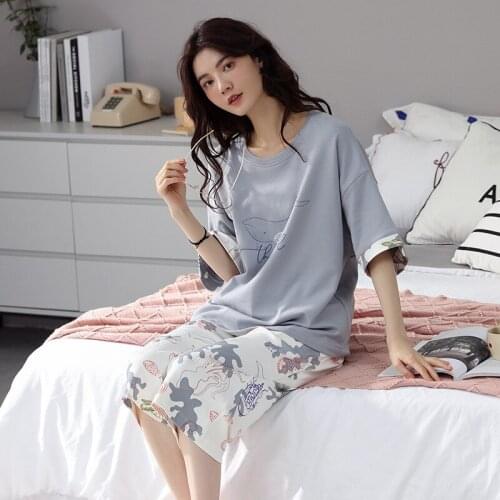 Summer Womens Home Service Pajamas Womens Summer Cotton Short-Sleeved Comfortable Loose Plus Size Cropped Trousers Suit