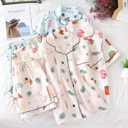 Pajamas ladies Japanese spring and summer Nightwear printed cotton gauze thin section loose Korean home service soft suit пижама