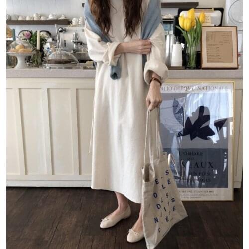 Autumn New Ankle Length Dress A Line Solif Tie-Waist Hugging Cotton Linen Sweet Dress Bottoming Shirt Dresses K278