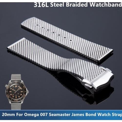 20mm Original Quality Titanium Steel Braided Watchband For Omega 007 Seamaster James Bond Watch Strap Band Deployment Buckle