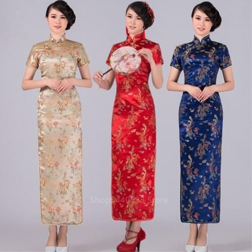 Sexy Women Satin Daily Dress Summer New Long Qipao Dragon&Phoenix Chinese Dress Lady Elegant Cheongsam Plus Size S-6XL Party