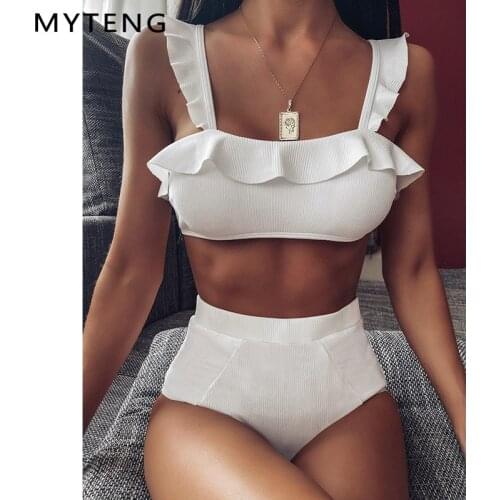 Sexy White Two Piece Swimsuit Female High Waist Bikini 2021 Mujer Swimwear Women New Bathers Retro Ruffle Bathing Suit Biquini