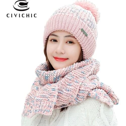 CHIC Women Skullies Beanies Knit Scarf Hat 2 PCS Neck Warmer Pompon Cap Color Mix Shawl Winter Warm Set SH121