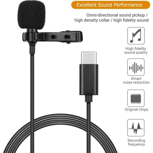1.5/2m Type-C Omni-directional Lavalier Microphone Clip-on Recording Condenser Microphone for Laptop Computer Smartphone Camera