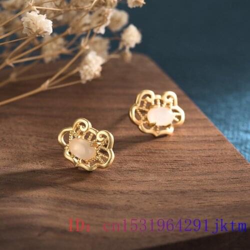 White Jade Ruyi Ear Studs Earrings Crystal Women Gemstone 925 Silver Chalcedony Gifts Amulet Zircon Fashion Natural Jewelry