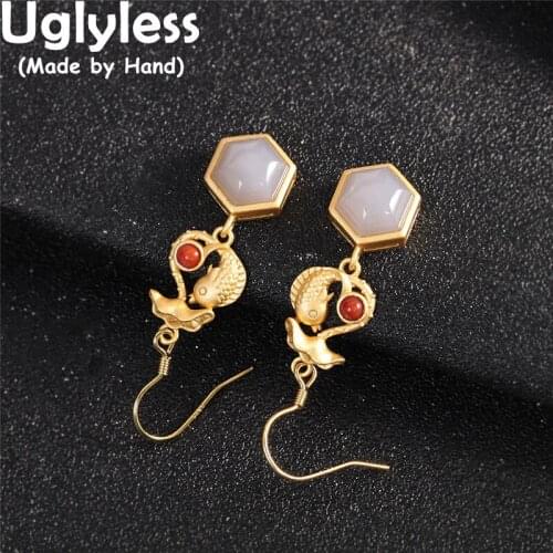 Uglyless Hexagon Natural Jade Earrings for Women Handmade Gold Carp Fish Earrings 925 Silver Animals Brincos Gold Agate Jewelry