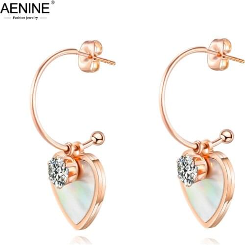 AENINE Trendy Titanium Stainless Steel Love Heart White Shell Stud Earrings Jewelry Rose Gold Wedding Earrings For Women AE17099