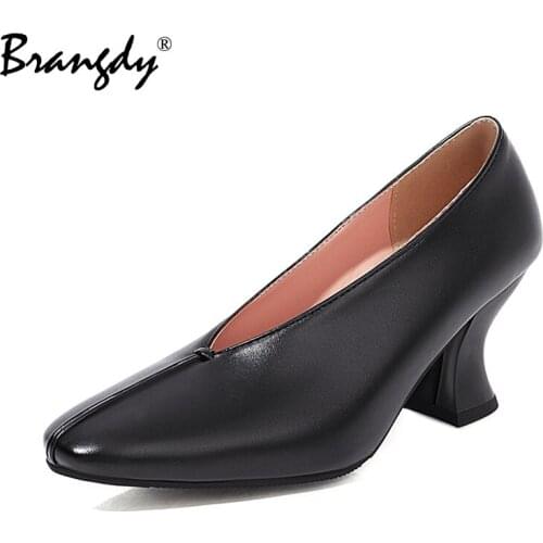 Brangdy High Heel Women Pumps PU Leather Thick Heels Office Shoes Square Toe Shallow Candy color Female Footwear Spring shoes