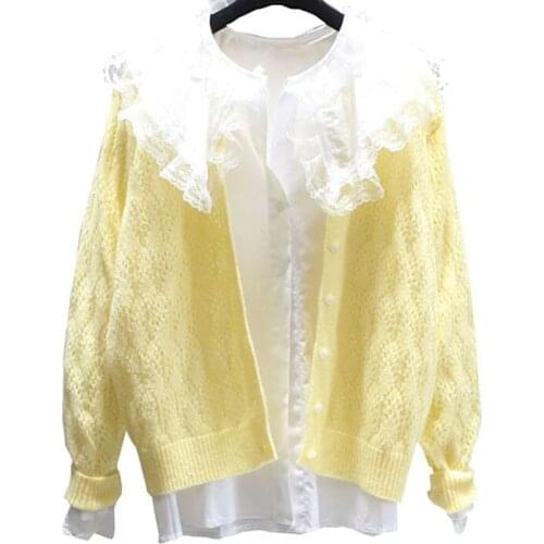 New Autumn Sweater Suit Women 2020 Ladies Knit Two Piece Set White lace shirt And Cardigan Coat Chic Outer Wear Women Top