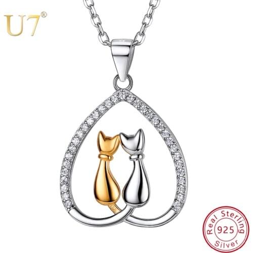 U7 925 Sterling Silver Cute Two Cats In Heart Pendant Necklaces CZ Choker Necklace Women Valentines Day Gift for Her SC226