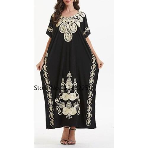 2021 Summer New Fashion Loose Casual Solid Color Embroidery Summer Oversize Muslim Womens Dress Round Neck Simplicity