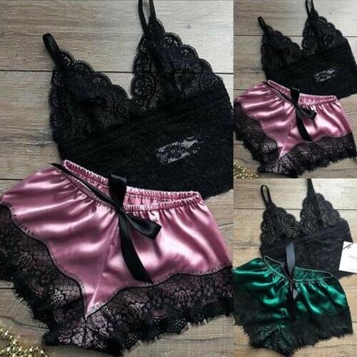 1 Set Fashion Womens Lace Sleepwear Lingerie Tops Shorts Set Babydoll Pajamas Sports Underwear Nightwear 3 Colors