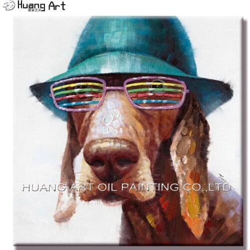 100% Hand Painted Modern Animal Oil Painting on Canvas Dog Wear Dark Green Hat Painting NO Frame Wall Art for Home Decor Picture