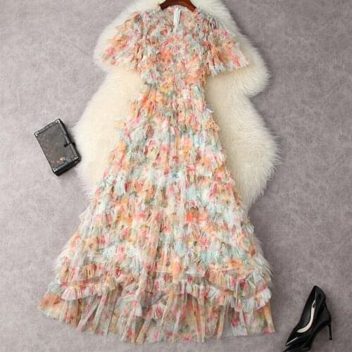 2021 Summer Spring Bohemian Dress Women V-Neck Edible Tree Fungus Flower Printed Elegant Mesh Holiday Party Long Dresses