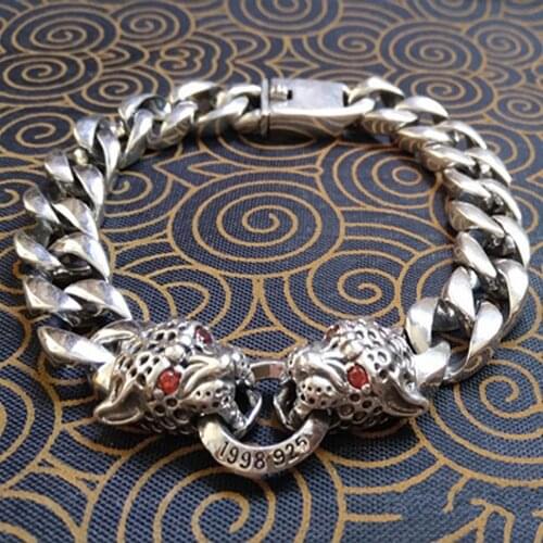 2021 new real s925 pure silver double leopard head latch bracelet for man inlaid with zircon vintage Trend men bracelet