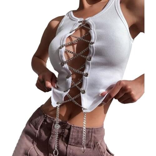 Punk Style Metal Chain Bandage Hollow Out Design Tank Top Women High Street Casual Sexy Club Wear Camisole Vest Female