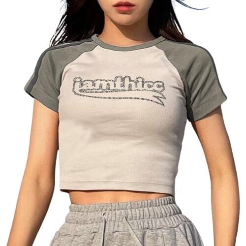 Women Color Block Crop Tops, Adults Rhinestone Letter Pattern Short Sleeve Round Neck T-shirt