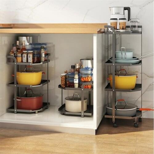 Kitchen Storage Rack Pan Spice Jar Bowl Movable Organizer Space Saving Sink Cabinet Shelf