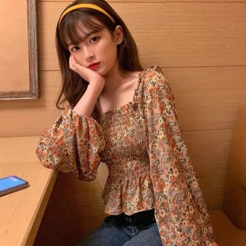 Summer Floral Print Square Collar Shirt Wommen Sexy Sweet Long Sleeves Chiffon Blouse