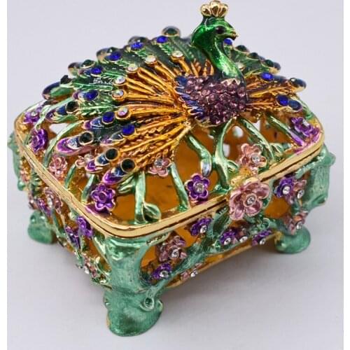 Peacock Trinket Box Metal Hollow Animal Figurine Faberge Organizer Home Craft Tabletop Vintage Decoration Gift