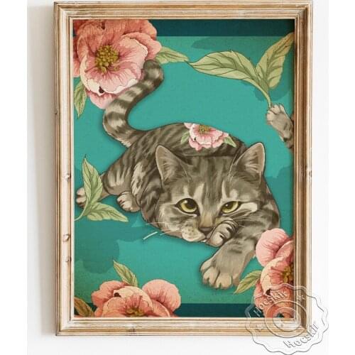 Cute Languid Lazy Lying Cat Portrait Canvas Painting Poster, Vintage Flowers Art Prints, Lovely Animal Wall Picture Home Decor