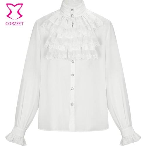 Victorian White Stand Collar Long Sleeves Mens Shirt Steampunk Tops Medieval Cosplay Costumes Vintage Plus Size Gothic Clothing