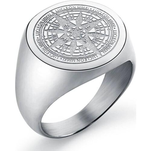 Mens Signet Ring Round Engrave Compass Ring for Men Women Stainless Stainless Simple Silver Tone Rings Jewelry Drop Shipping