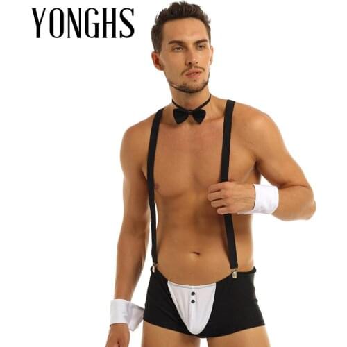 Mens Groom Tuxedo Sex Lingerie Set Gay Homme Boxer Briefs Underwear with Suspender Shoulder Straps Bow Tie Collar and Bracelets