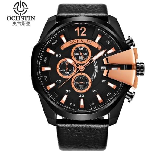 OCHSTIN 2021 New Top Luxury Fashion Casual Men' Quartz Watch High-quality Leather Multi-function Waterproof Calendar Clock Reloj