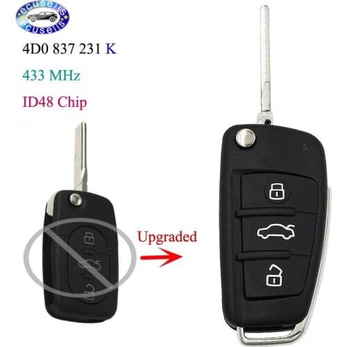 Upgraded 3 Buttons Flip Remote Key Fob 433MHz ID48 Chip for Audi P/N: 4D0 837 231 K