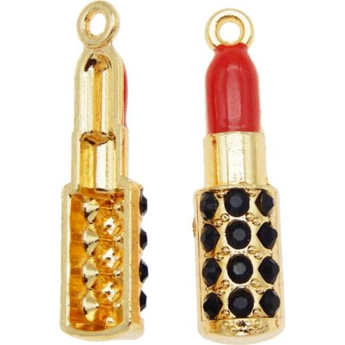 Julie Wang 4PCS Enamel Lipstick Charms With Rhinestone Alloy Gold Tone Pendant Bracelet Jewelry Making Accessory