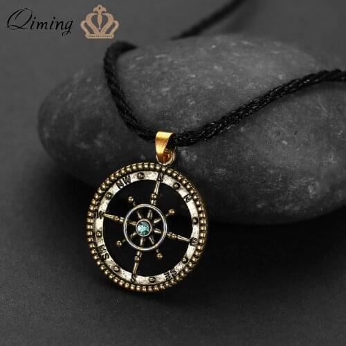 QIMING Silver Compass Necklace Black Rope Nautical Viking Slavic Jewelry Pendant For Men Women Graduation Gifts