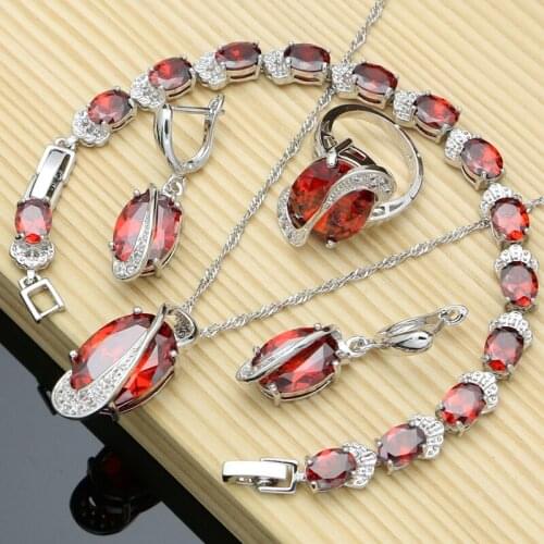 Silver 925 Jewelry Red Cubic Zirconia White CZ Jewelry Sets For Wedding Earrings/Pendant/Necklace/Rings/Bracelet T224