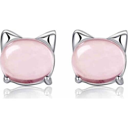 FYJS Unique Silver Plated Lovely Cat Shape Rose Pink Quartz Stud Earrings for Women Animal Jewelry