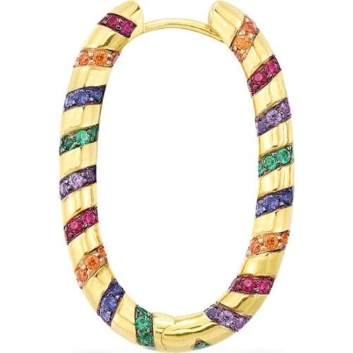 SLJELY 1pc Real 925 Sterling Silver Yellow Gold Color Single Multicolor Zirconia Stripes Oval Hoop Mono Earring Women Jewelry