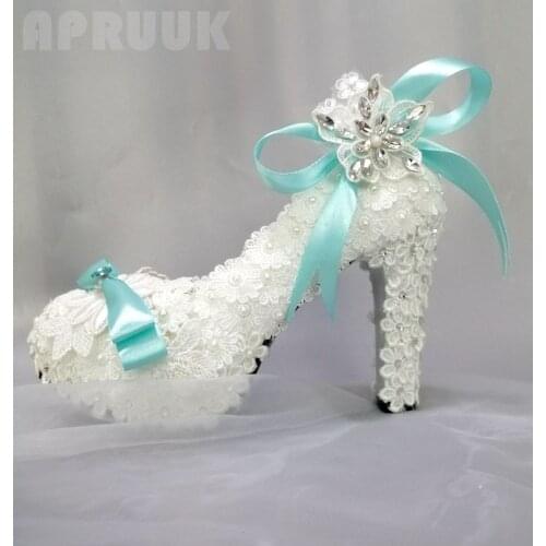 Bridal wedding shoes high heel 11CM block heels luxury white lace pearls lake blue satin bow bowknot ladies party proms shoes