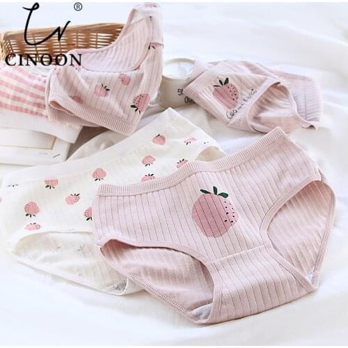 CINOON 3Pcs/lot Cotton Panties Women Striped Underwear Strawberry pattern Underpants Female Lingerie Low Rise Girls Soft Panty