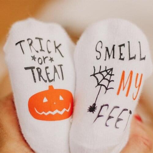 Trick or Treat Smell my Feet baby Socks Funny Halloween eve party decoration baby shower Pregnancy Announcement mommy to be Gift