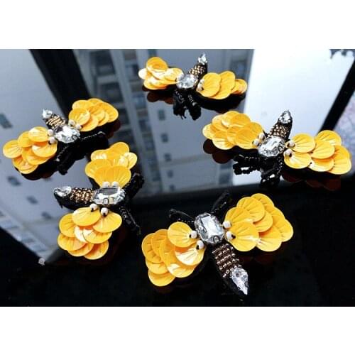 Yellowflower bee rhinestones bead brooch patches applique crystal fabric sew on patch fashion clothing bags decoration patch