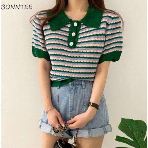 T-shirts Women Summer Fashion Elegant Turn-down Collar Panelled Korean Style Holiday Loose Striped All-match Knitted Female Top