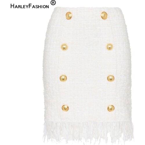 HarleyFashion Women Elegant Autumn Winter Design White Straight Skirts Tassel Tweed Skirt High Quality
