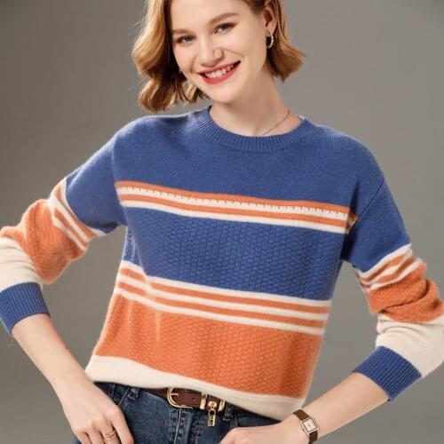 Womens pullover 2021 fall/winter new 100% wool sweater casual striped cashmere sweater O-neck knitwear ladies tops thick hot