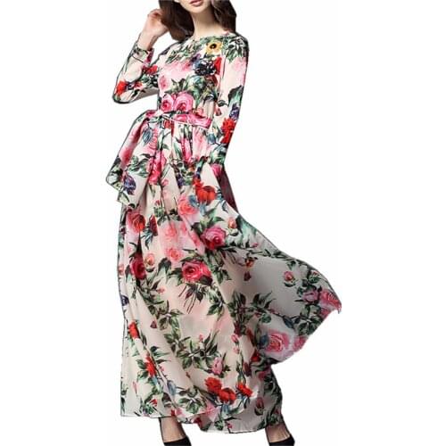 2019 Long Printed Waistband Dress Vestidos Verano Full Sleeve Big Hem O-Neck Casual Floral Dresses Elegant Thin Flower Sukienka