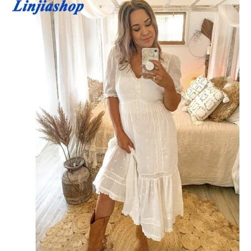 White Lace Stitching Hollow Puff Sleeve Lace-Up Dress 2021 Summer V-Neck Holiday Style Long Vestido Female Solid Color