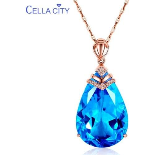 Cellacity Water Drop Shaped Aquamarine Silver 925 Jewelry Large Gemstones Pendant Necklace for Women Rose Gold Color Wedding
