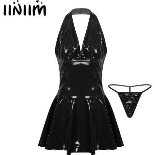 Womens Femme Faux Leather Pleated Mini Dress Sexy Sleeveless Backless Dress Nightclub A-line Sexy Costumes Body Latex Clubwear