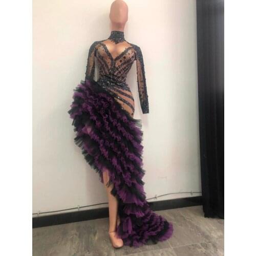 Women Rhinestone Party Evening Long Dress Court Asymmetric Crystal Mesh Tiered Dress Singer Latin Dance Stage Costumes