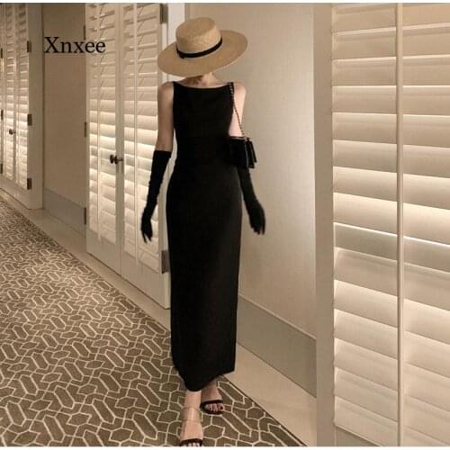 French Elegant Sleeveless Long Dress Women Vintage Summer Slim Solid Slash Neck High Waist Office Lady Pencil Dresses Bodycon
