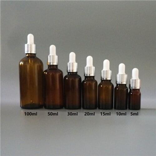 5/10/15/20/3050/100ml Brown Essential Oil Bottle White Rubber Head Dropper Cover silver Thread Ring Cap Glass Cosmetic Container