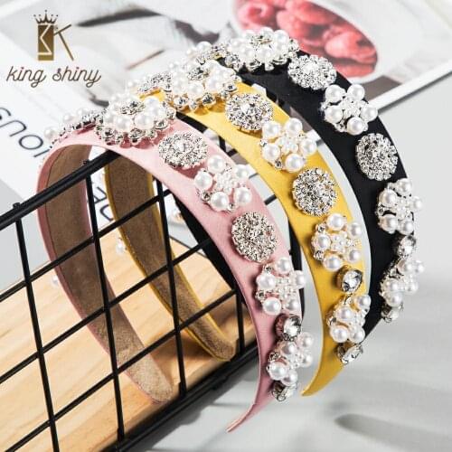 Baroque Solid Color Cloth Crystal Flower Headband for Lady Simulated Pearl Rhinestone Floral Hair Hoop Sweet Bride Wedding Bezel